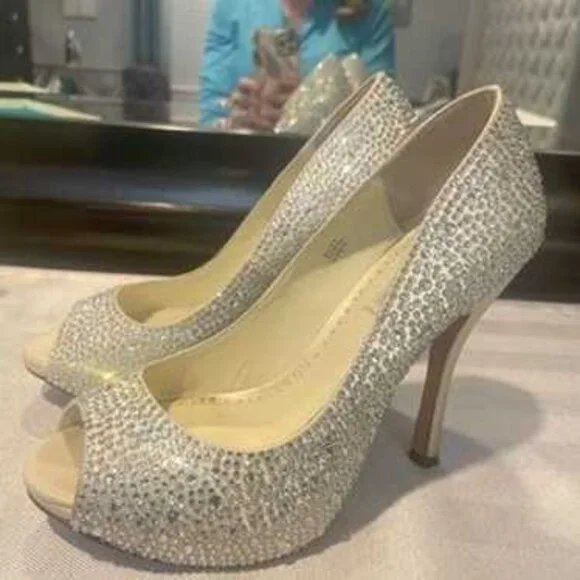 STUNNING BENJAMIN ADAMS RHINESTONE PLATFORM WEDDING HOLDAY HEELS SIZE 9.5 - Picture 2 of 3